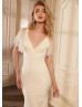 Short Sleeves Beaded Ivory Satin Tulle Wedding Dress